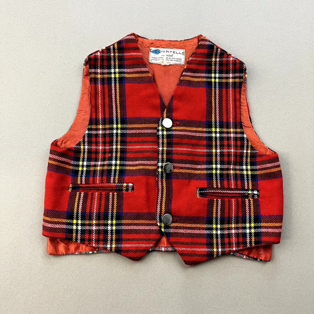 Vintage Red Plaid Vest Jacket Baby 18M Months Courtelle Wool Button Front 70s
